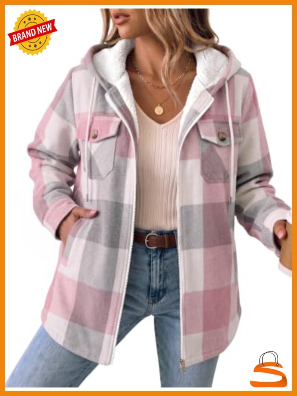 Women's Plaid Fleece Lined Shacket Hooded Zip Up Winter Coat